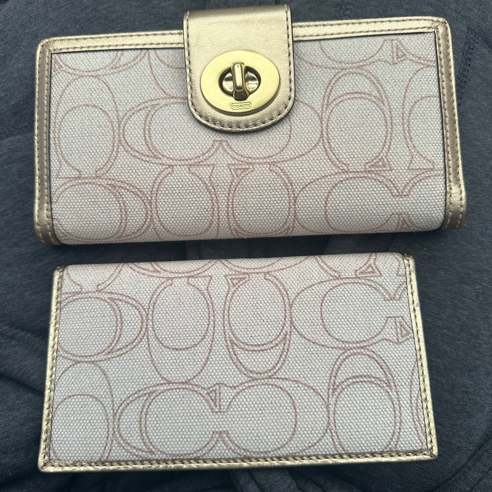 Coach Gold metallic cream and brown signature canvas long Wallet bundle